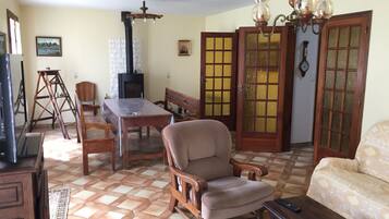 Télévision, cheminée, lecteur de DVD, livres