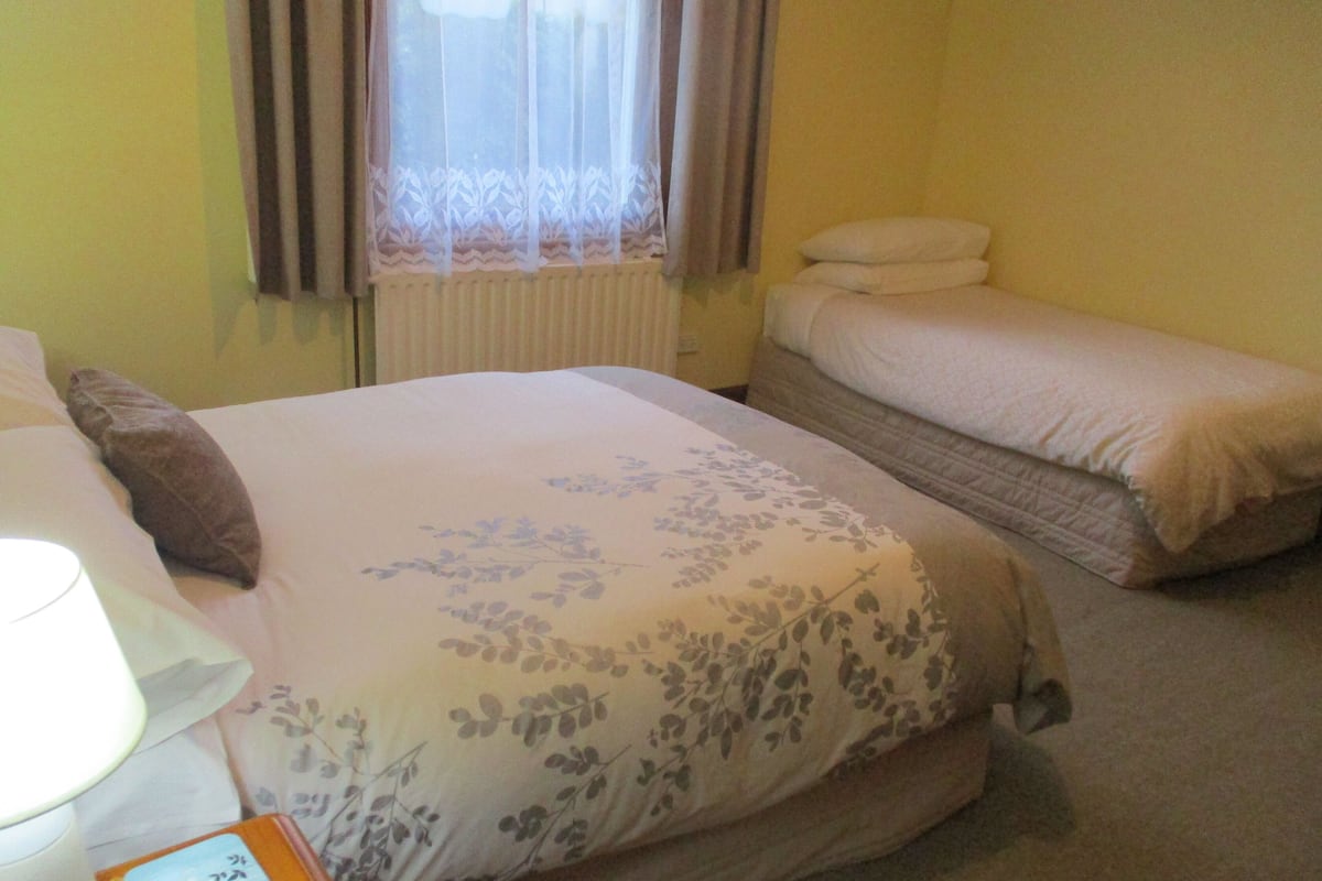 Een hotelkamer met een groot bed, een kleiner bed, een nachtkastje met een lamp en een raam met gordijnen.