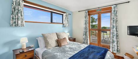 A bedroom with a bed, nightstands, a lamp, a TV, and a view of the outdoors through a door.