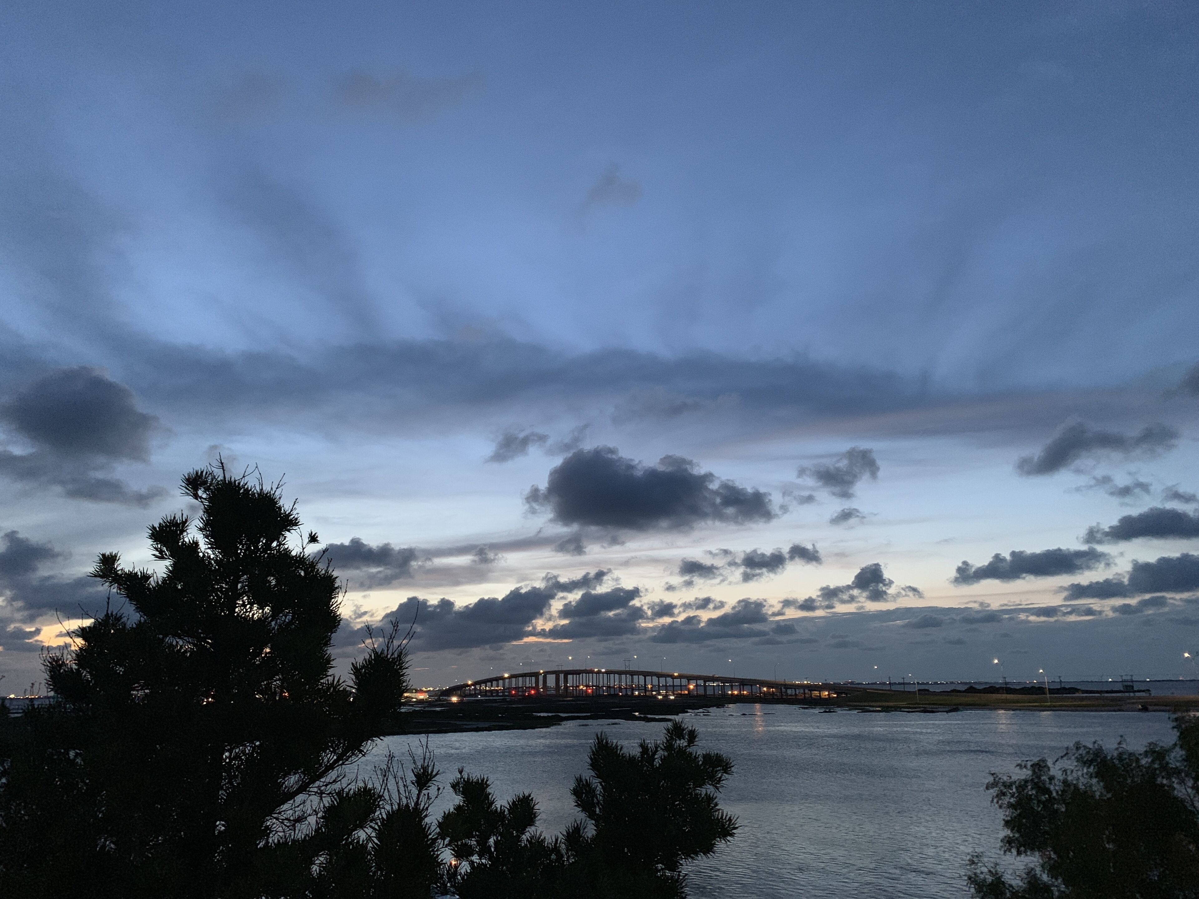 A bridge over a body of water with trees in the foreground.