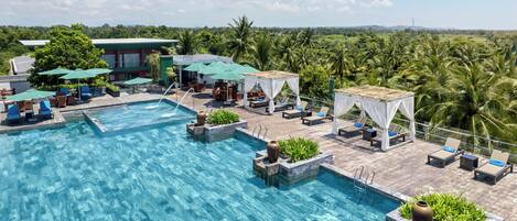 Outdoor pool, pool umbrellas, pool loungers