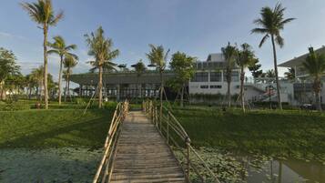 A wooden bridge over a pond with lily pads, surrounded by palm trees and modern buildings.