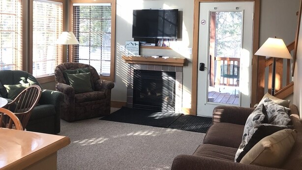 Una sala de estar con chimenea, televisor y un soporte para esquíes.