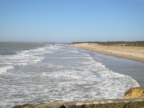 Une plage avec des vagues, une rive sablonneuse et une vue lointaine sur l’horizon.