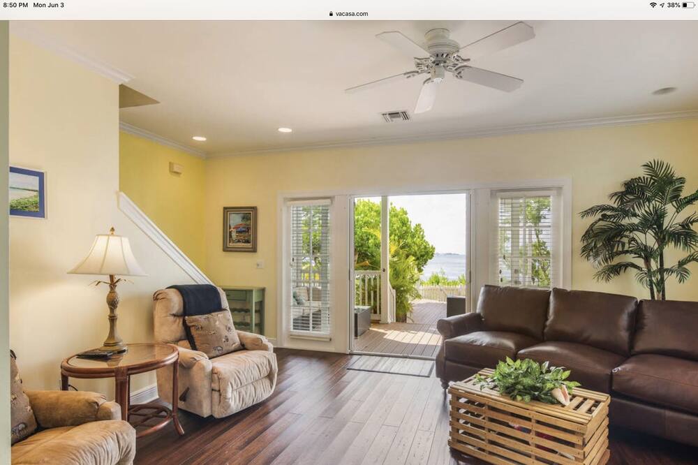 *Please note that this home only allows minimum night stays of 28 nights or longer. This is enforced by the HOA and we cannot make any exceptions.<br><br>This stunning property overlooking the Gulf of Mexico boasts panoramic views from nearly every room and the private pool. Designed with hand scraped bamboo floors and a beautiful wraparound deck with several different seating options, this waterfront home is perfect for families or group getaways. Relax under the ceiling fans on the upstairs or downstairs patio, or enjoy a cup of coffee by the pool. Dogs are also welcome for a small nightly fee.<br><br>What\'s nearby:<br>This house is centrally located and within walking distance to several different shops and restaurants. Key West\'s local attractions are a short bike ride or drive away - including Duval Street, Higgs Beach, and the Hemingway House. Enjoy scuba diving, boating, fishing, paddleboarding, and more from one of the many <br>local charter companies.Things to know:<br>Free WiFi<br>Full Kitchen<br>Sofa bed in the downstairs bedroom <br>Covered parking for one vehicle<br>Nespresso Vertuo plus deluxe coffee machine<br><br>FEATURES<br><br>Heated pool<br>Washer/dryer : Private<br>Central AC<br>Pool : Private<br>KITCHEN<br><br>Dishwasher<br>Fridge<br>Microwave<br>Stove<br>MEDIA<br><br>Internet<br>Cable : Xfinity<br>Wireless router<br>MISCELLANEOUS<br><br>Snowbird-friendly<br>OUTDOOR<br><br>Gas grill : Private<br>Balcony<br>Deck<br>Patio<br>SCENIC<br><br>Water view<br>Waterfront<br>Gulf view<br>Gulf front<br>Michelle B. Mar 2019<br>Stunning gated waterfront property, in a great location. Close and convenient to everything downtown within minutes by car or public transportation, yet quiet and peaceful privacy with your own pool. Every creature comfort you would expect at a property of this level. Our family loved it. NEW LISTING! Waterfront townhouse w/ pool, fenced backyard & deck - dogs ok