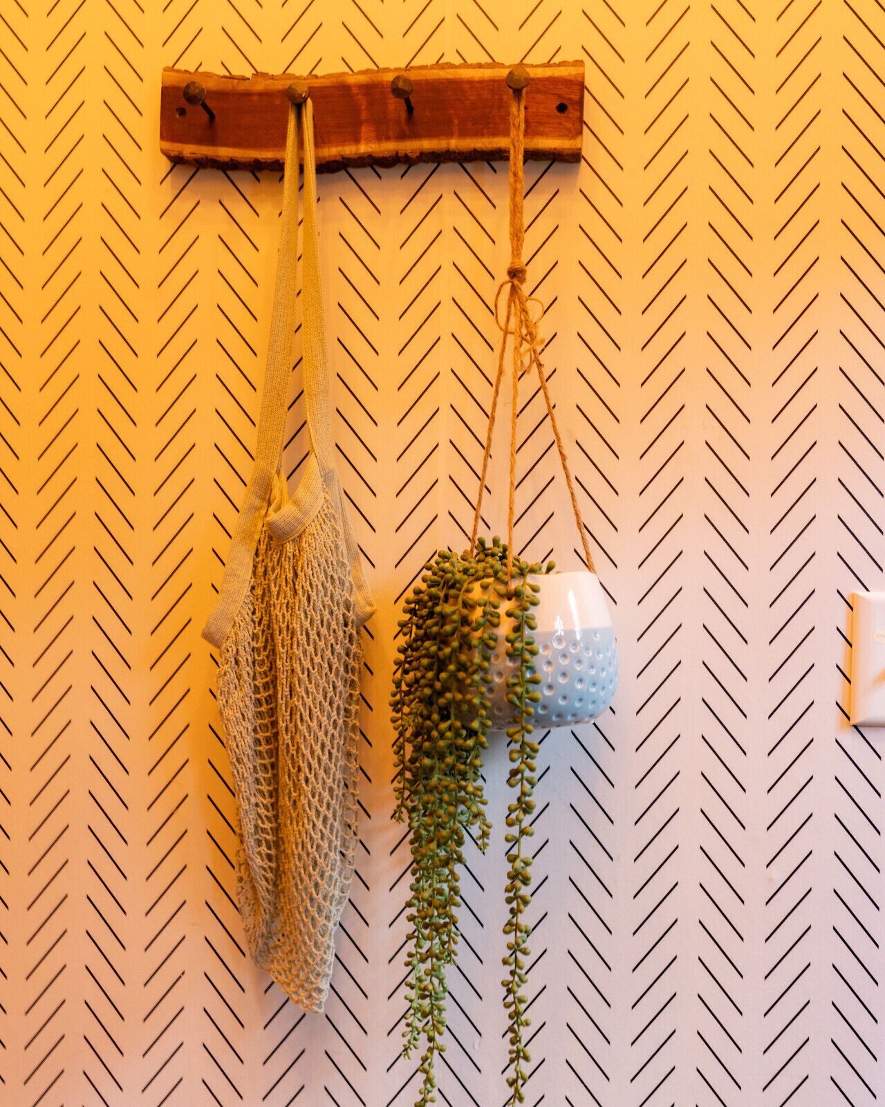A wall-mounted wooden rack with a hanging net and a potted plant.