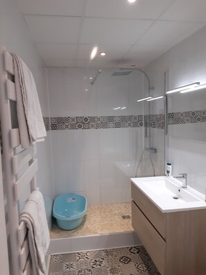 Douche, sèche-cheveux, serviettes fournies, savon