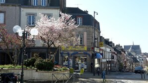 A street with buildings, a tree with pink blossoms, and a sign for 'Le Cabello Bar, Tabac, Presse'.