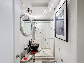 Ensemble douche/baignoire, baignoire à jets, sèche-cheveux, bidet