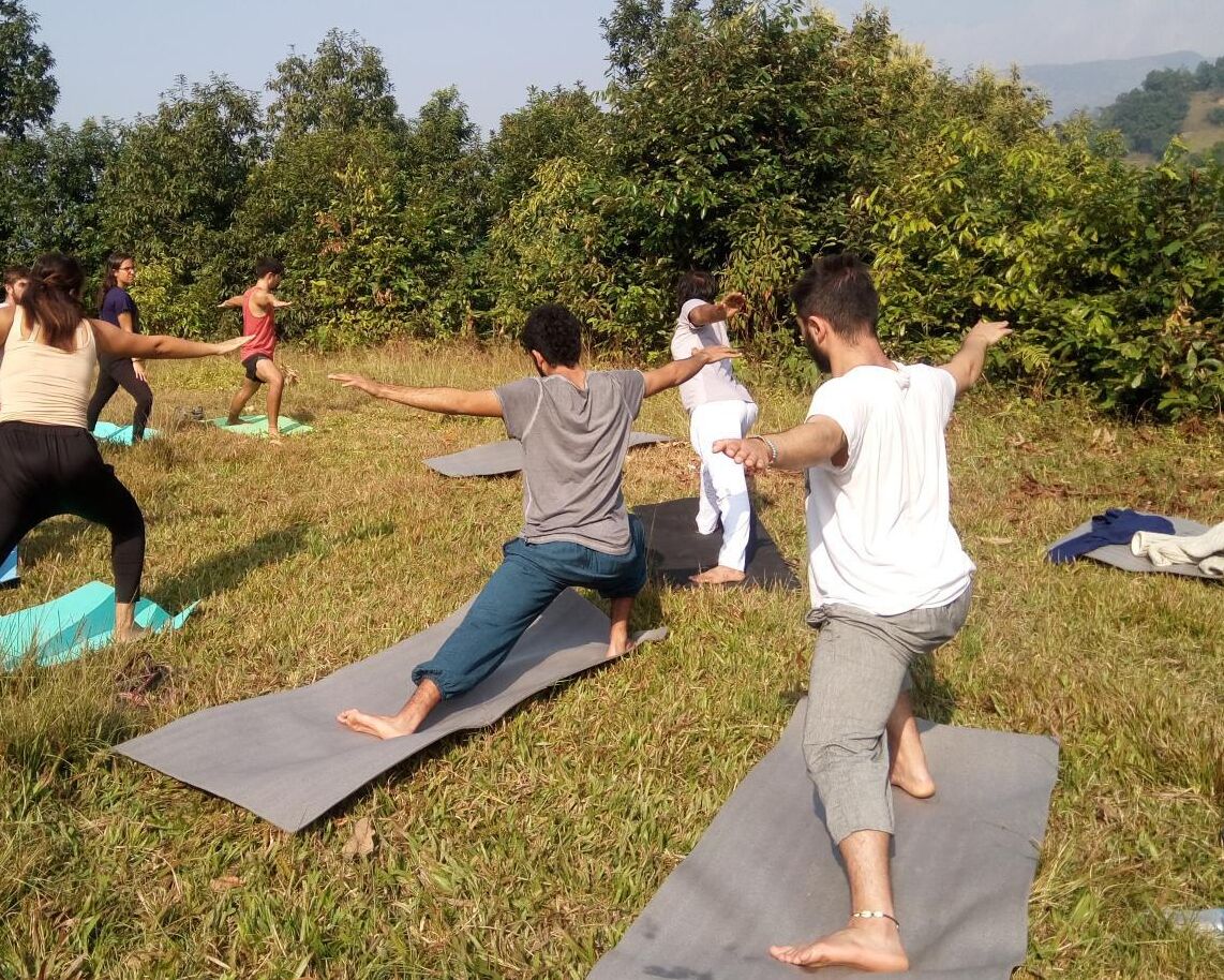 A group of people practicing yoga outdoors on mats.