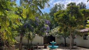 A courtyard with a stone pathway, a central fountain, and various trees and plants. - Vineyard Home for the Art Lover (Santa Ynez)