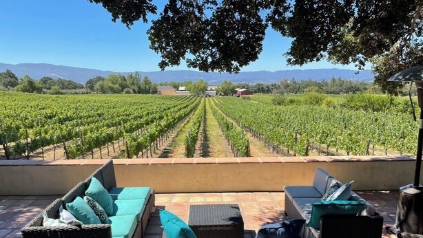 A terrace with wicker furniture and a vineyard view. - Vineyard Home for the Art Lover (Santa Ynez)