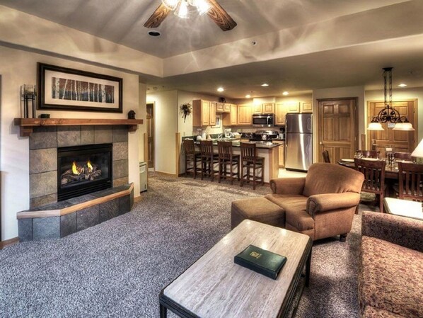 Smart TV, fireplace, video games, DVD player