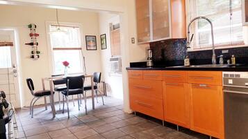 Coffee/tea maker, fridge, microwave, oven