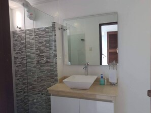 Douche, séchoir à cheveux, serviettes fournies, savon
