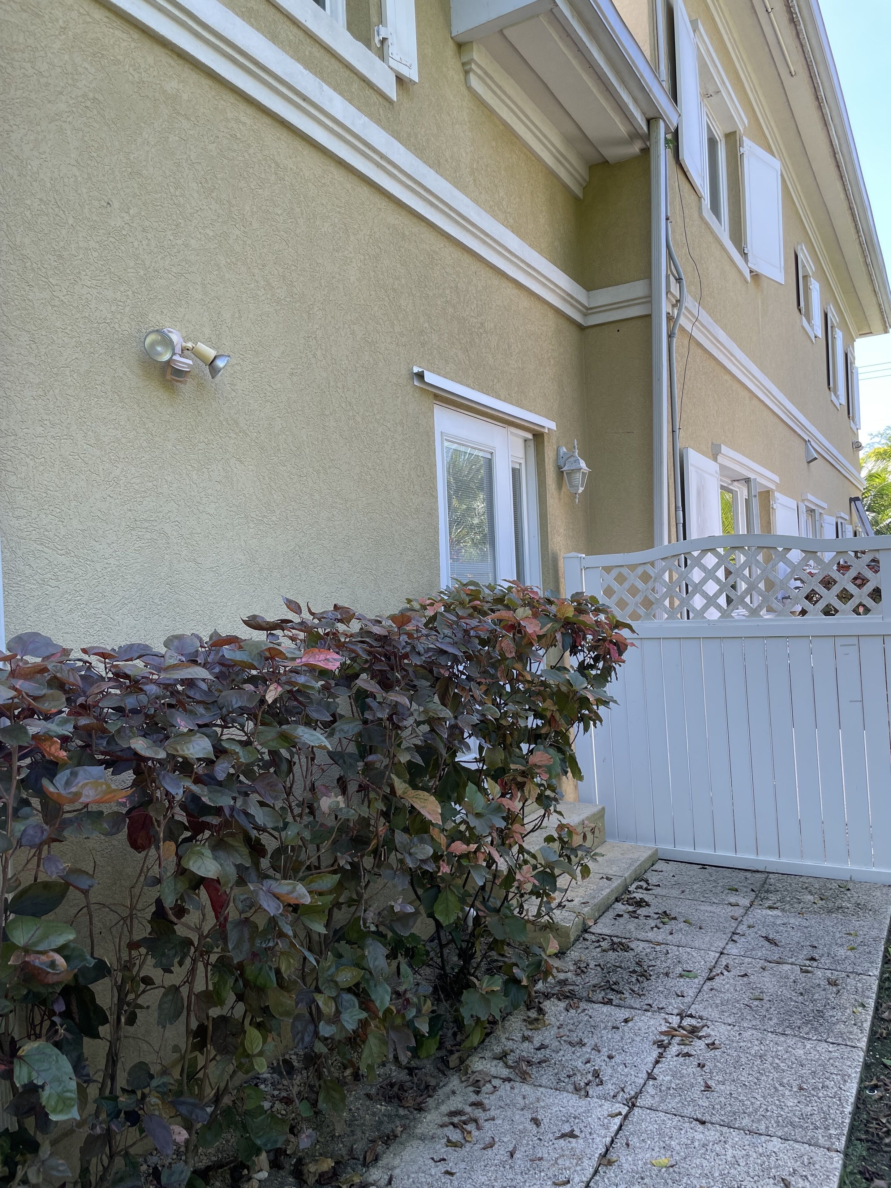 A beige building with white trim, a white fence, and a hedge with green and purple leaves.
