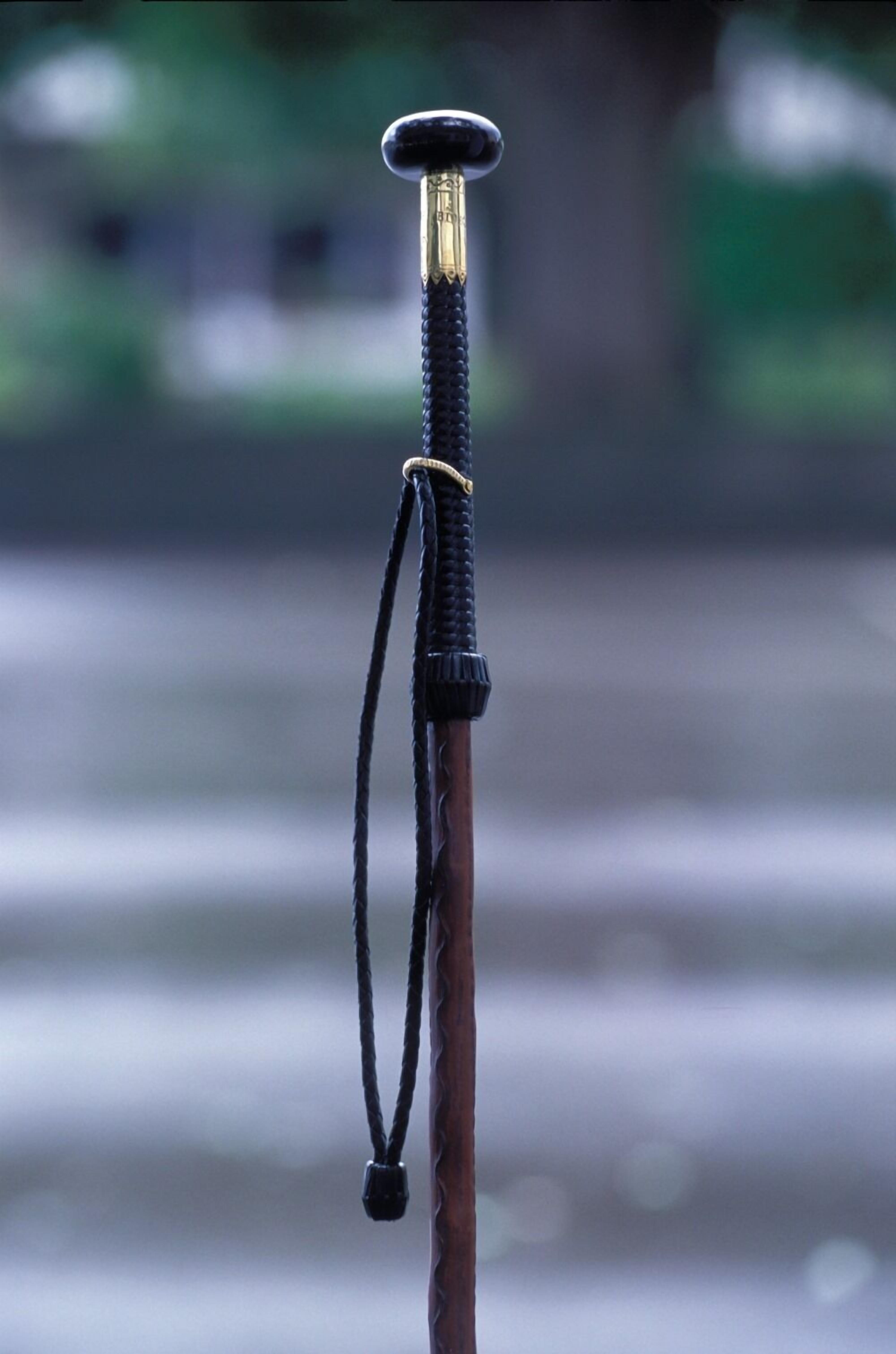 Een close-up van een zwaard met een zwarte greep en een goudkleurige pareerstang.