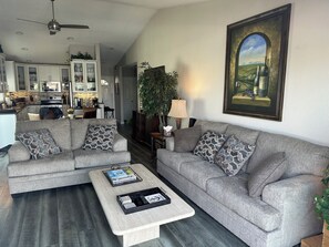 TV, fireplace, DVD player, music library