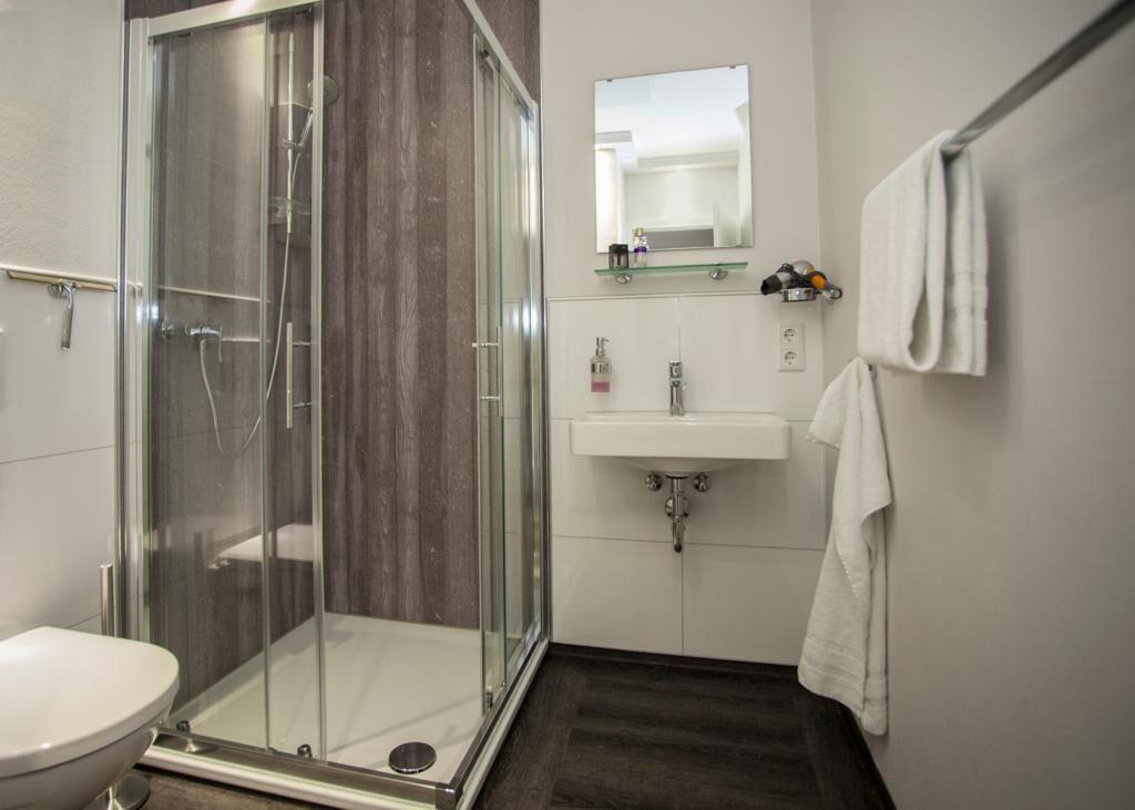 A modern bathroom with a glass-enclosed shower, a white sink, and a mirror above the sink.
