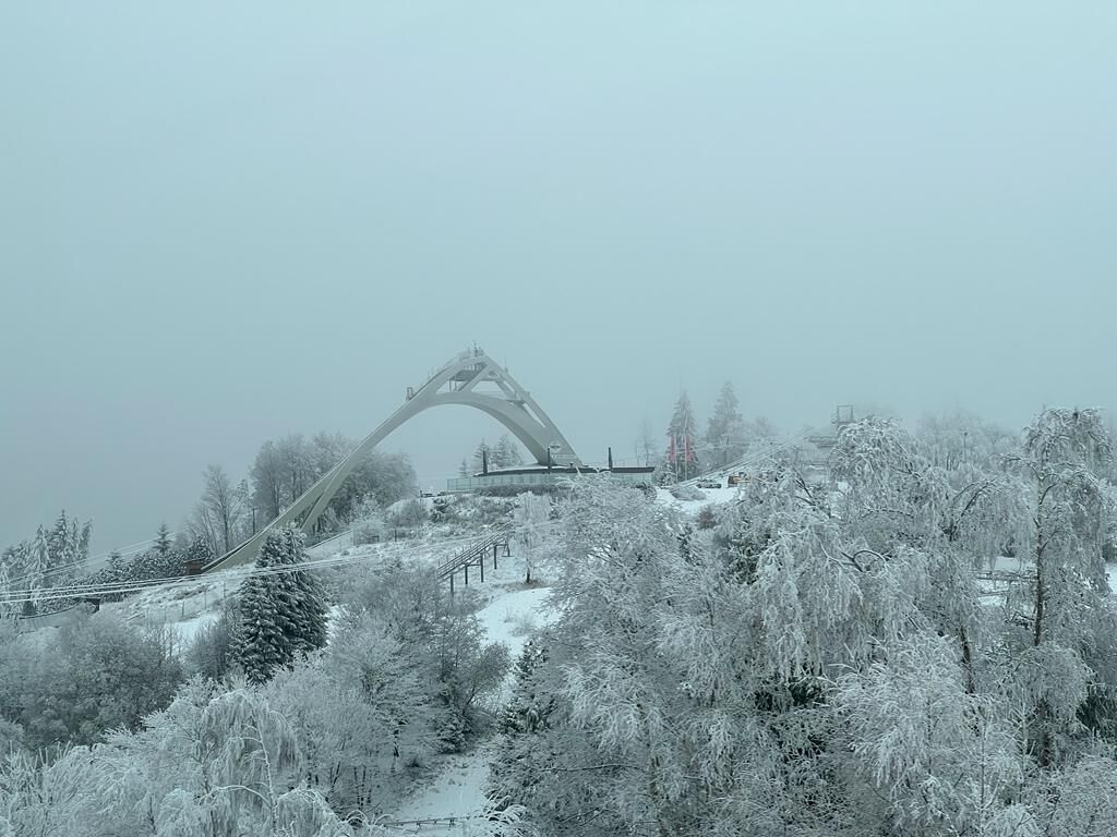 A snow-covered landscape with a large arched structure, possibly a bridge or monument, surrounded by trees.