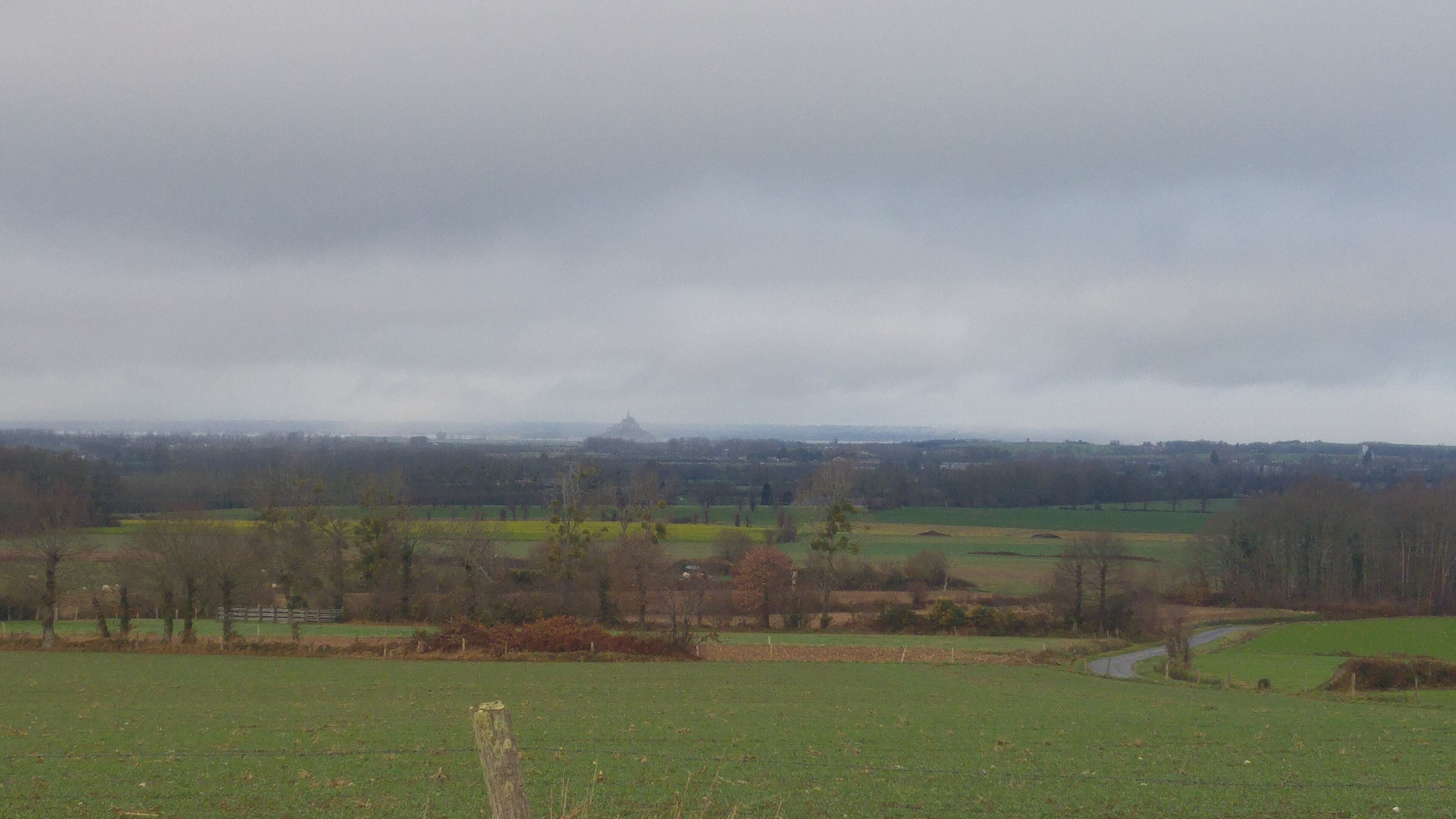 A rural landscape with open fields, a few trees, and a distant structure.