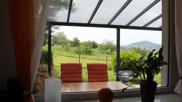 Une pièce avec une grande fenêtre, deux fauteuils orange, une petite table et une plante en pot.
