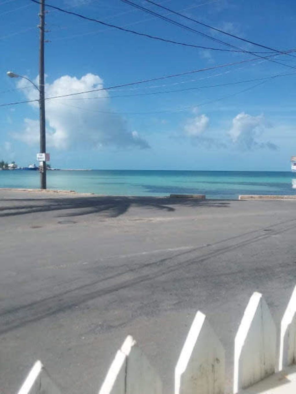 A road with a white guardrail, a clear blue sky, and a calm sea.