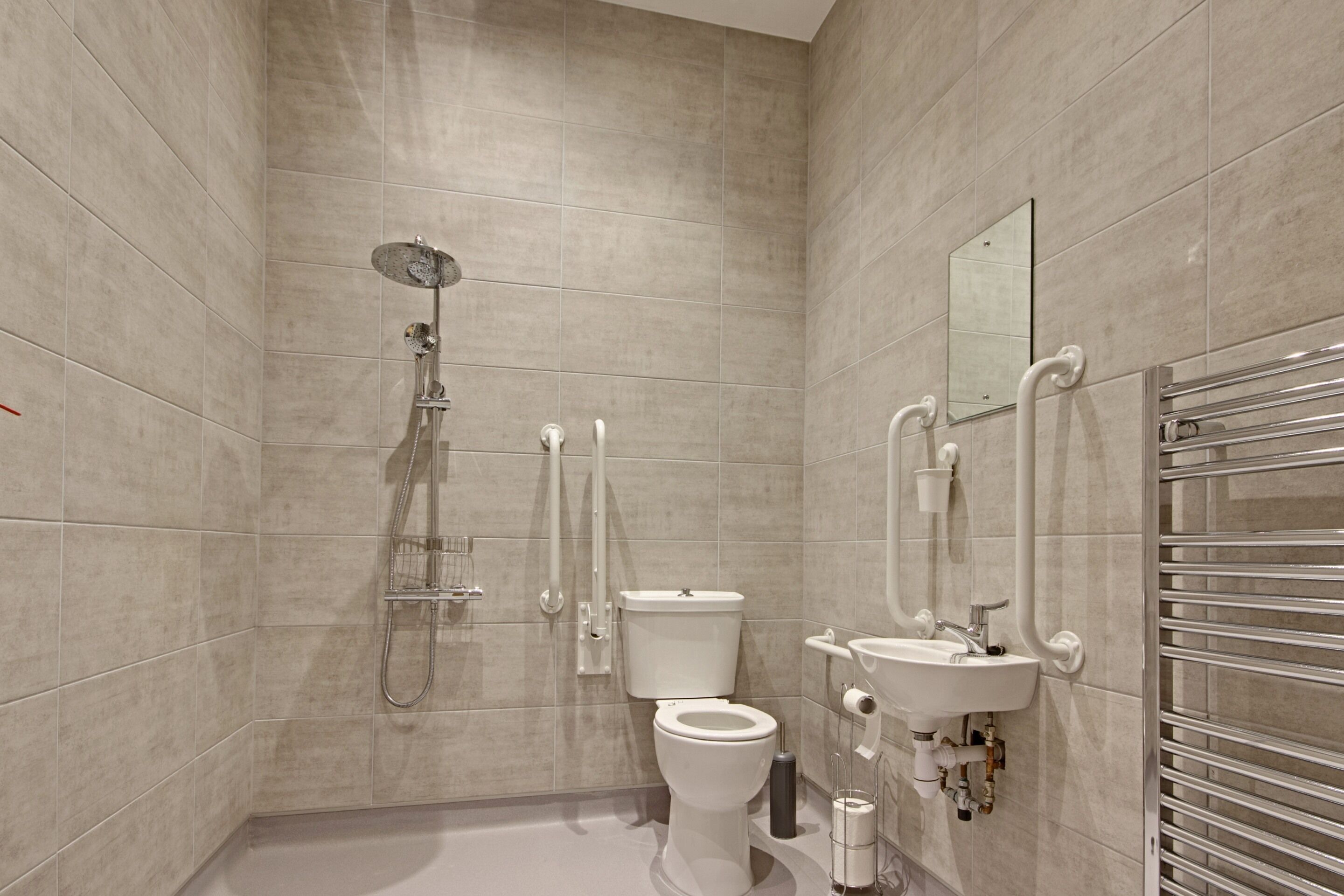 A modern bathroom with a shower, toilet, sink, and handrails.