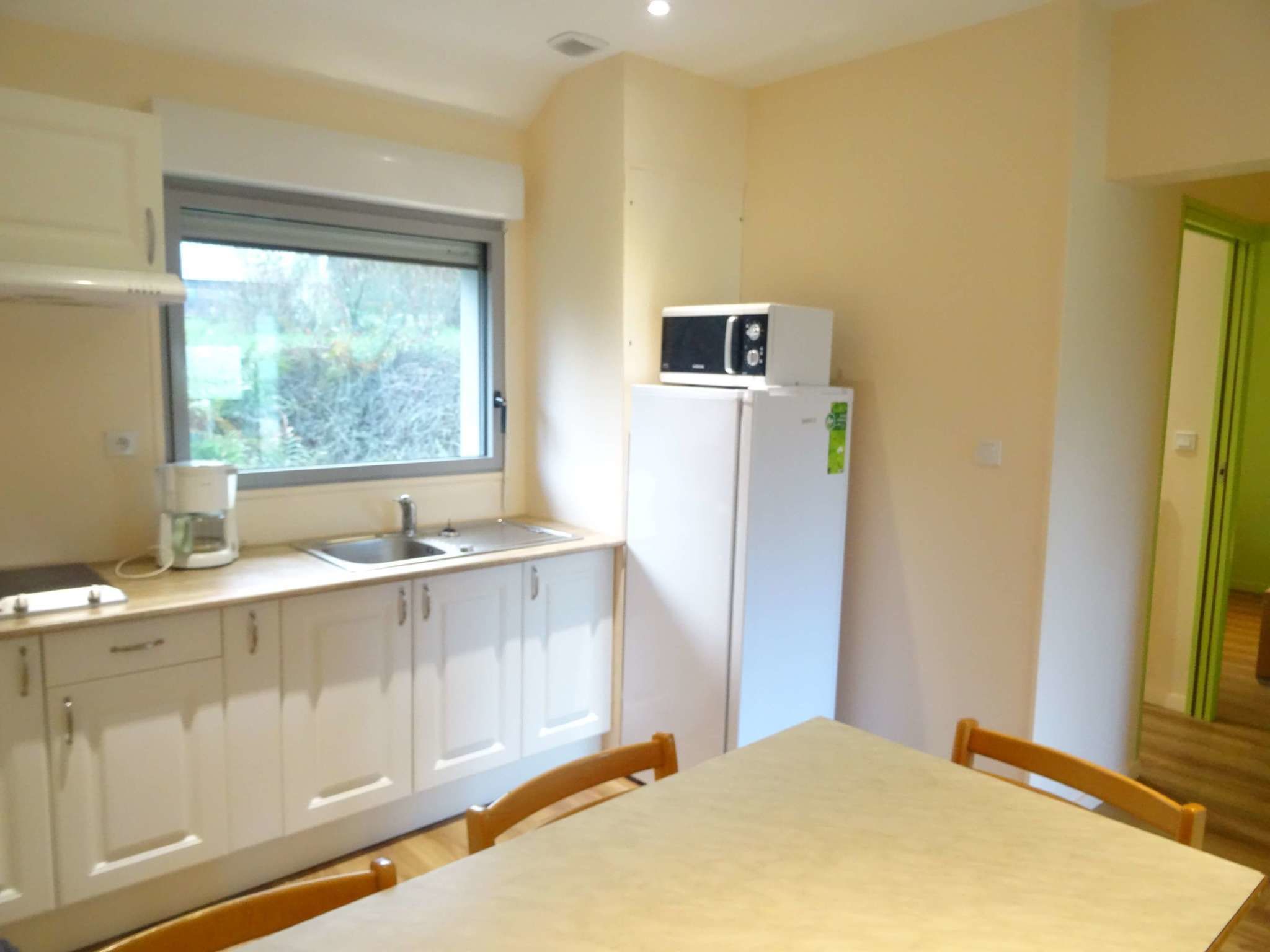 A compact kitchen with white cabinets, a sink, a microwave, and a refrigerator.
