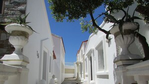 Una calle estrecha con edificios blancos, escalones de piedra y jarrones decorativos.