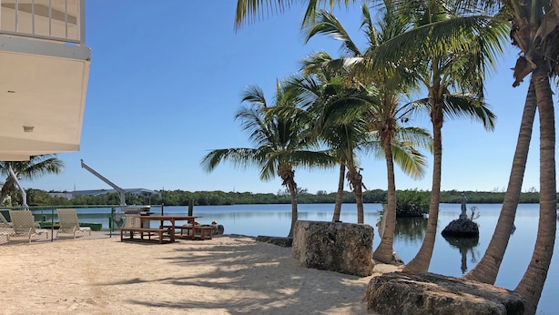 A beach area with a wooden bench, a table, and a statue on a rock. - Seaside Sanctuary 5 bed, 5 bath pool home (Tavernier)