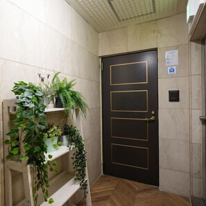 A hotel room with a dark door, a wooden floor, and a shelf with plants.