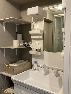A bathroom with a white sink, a mirror, and shelves with toiletries.