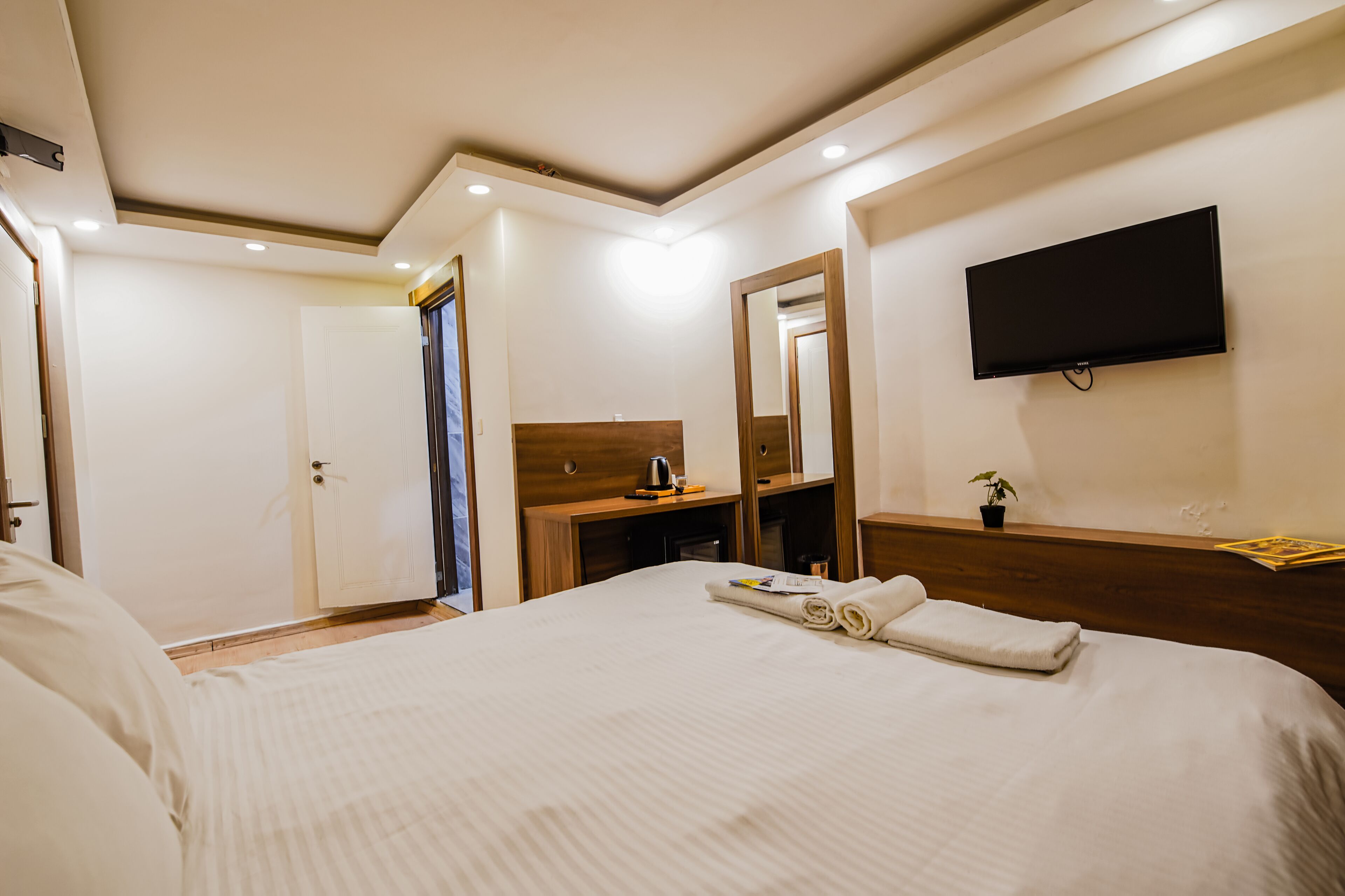 A hotel room with a large bed, a TV mounted on the wall, a wooden headboard, a small desk with a mirror, and a potted plant.