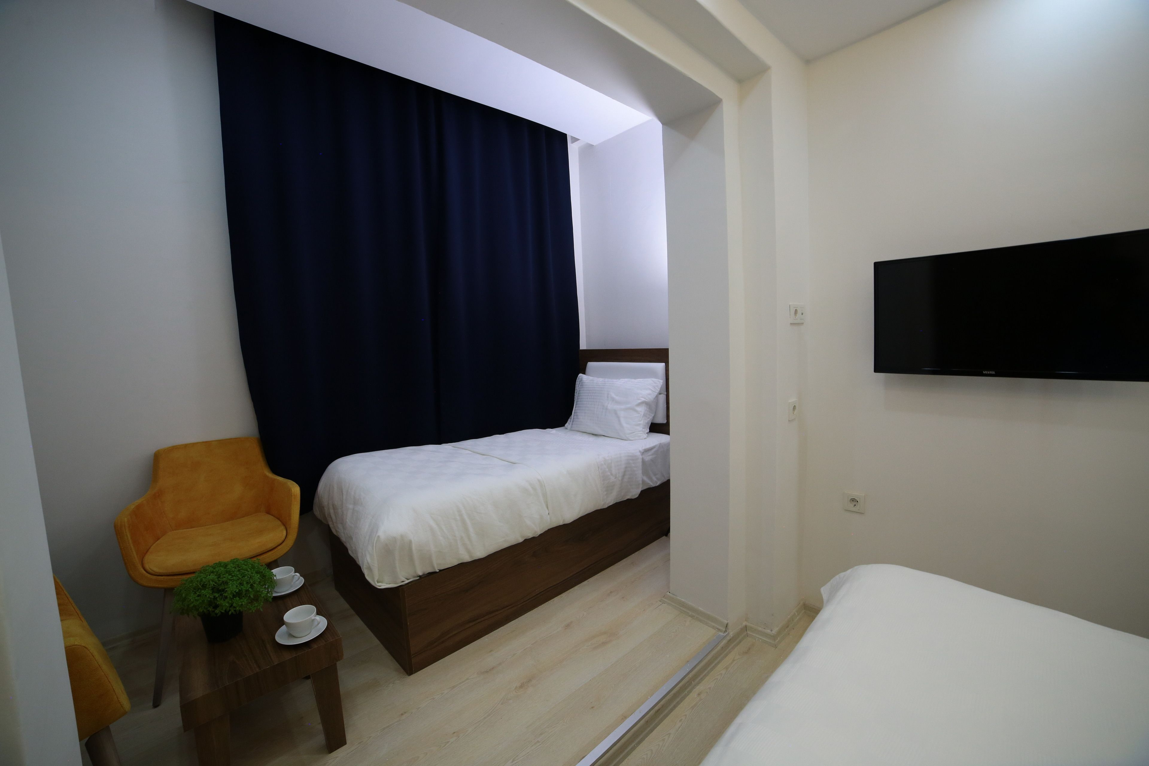 A hotel room with a bed, a TV, a chair, and a small table with a plant and cups.