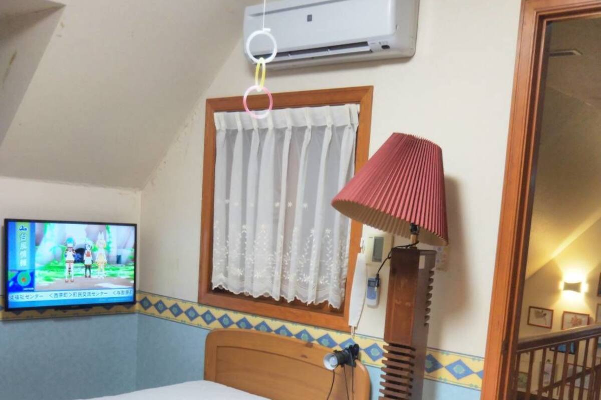Une petite chambre avec un lit simple, une télévision, un climatiseur et une lampe.