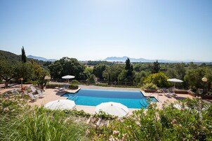Seasonal outdoor pool, pool umbrellas, sun loungers
