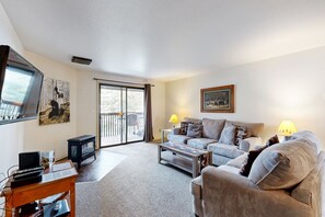 Téléviseur, foyer, lecteur de DVD, livres