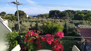 A balcony with a white table and chairs, overlooking a lush garden with pink flowers and a view of a hilly landscape. - Hotel Esperos (Skiathos)