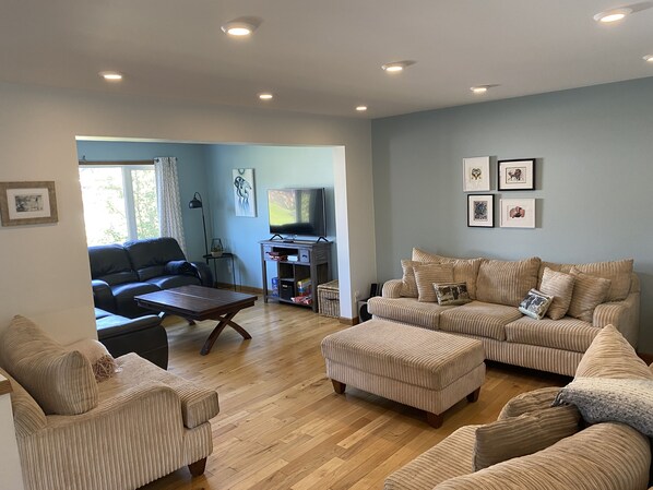 Smart TV, fireplace, books, stereo