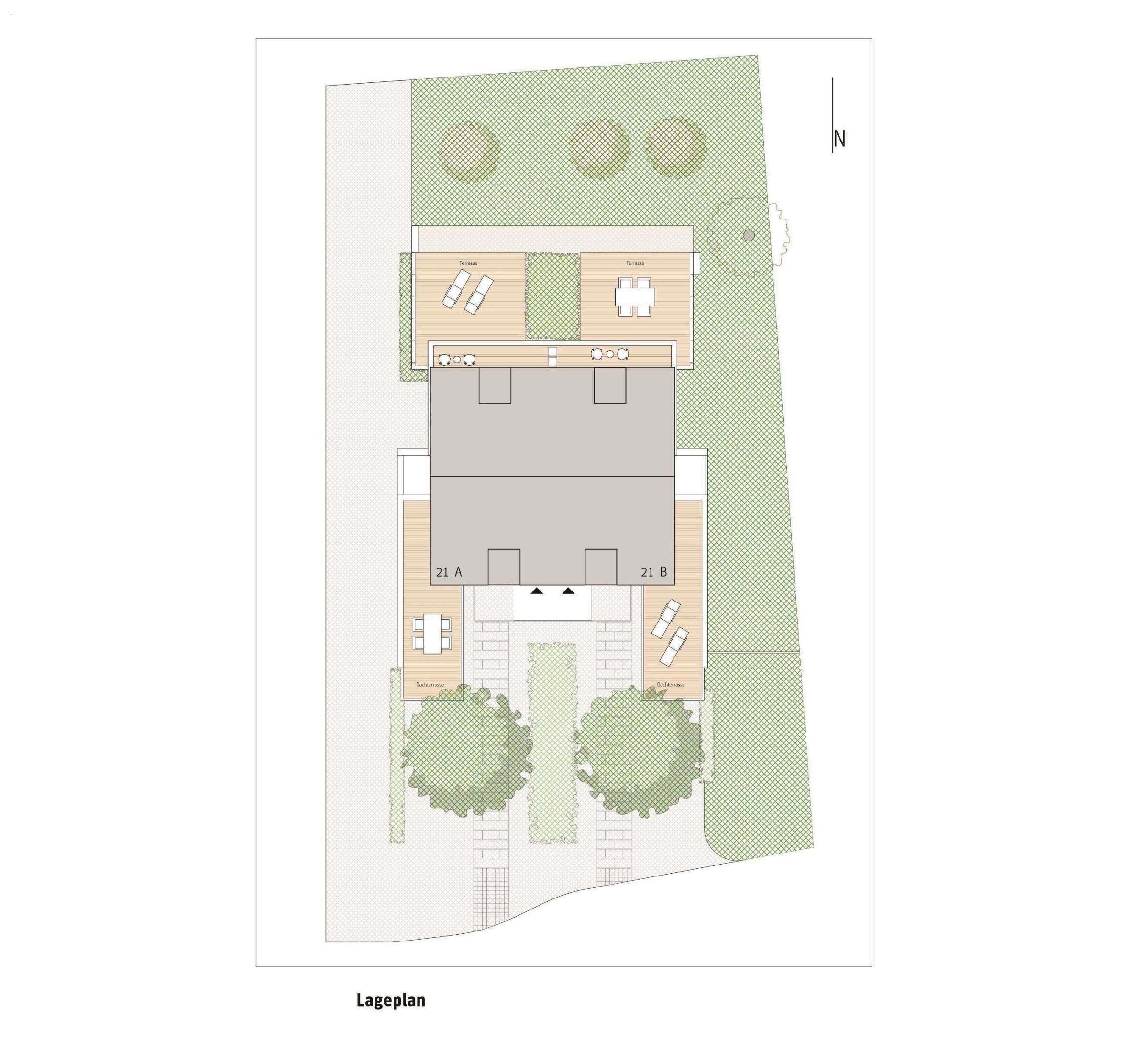 Plano de distribución de un edificio con dos terrazas, un espacio abierto central y zonas verdes circundantes.