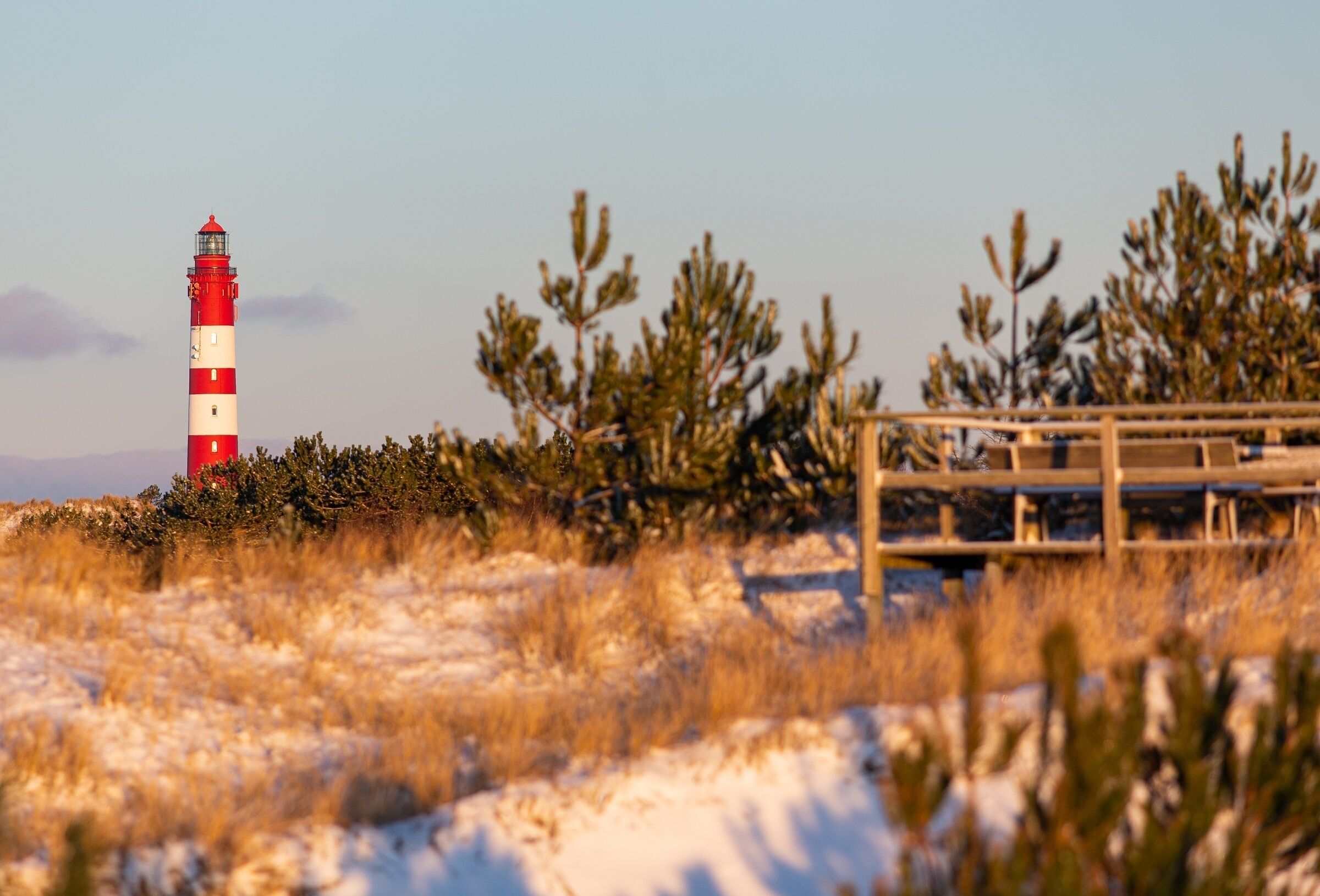 A lighthouse with a red and white striped tower, surrounded by dry grass and sparse vegetation.