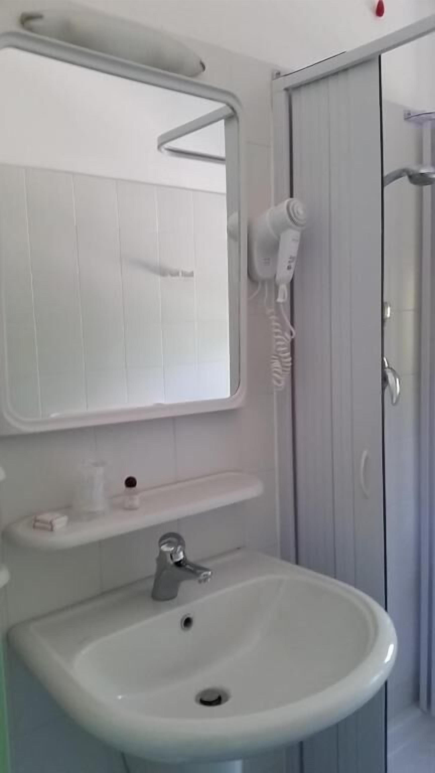A bathroom with a white sink, a mirror, a hairdryer, and a shower.
