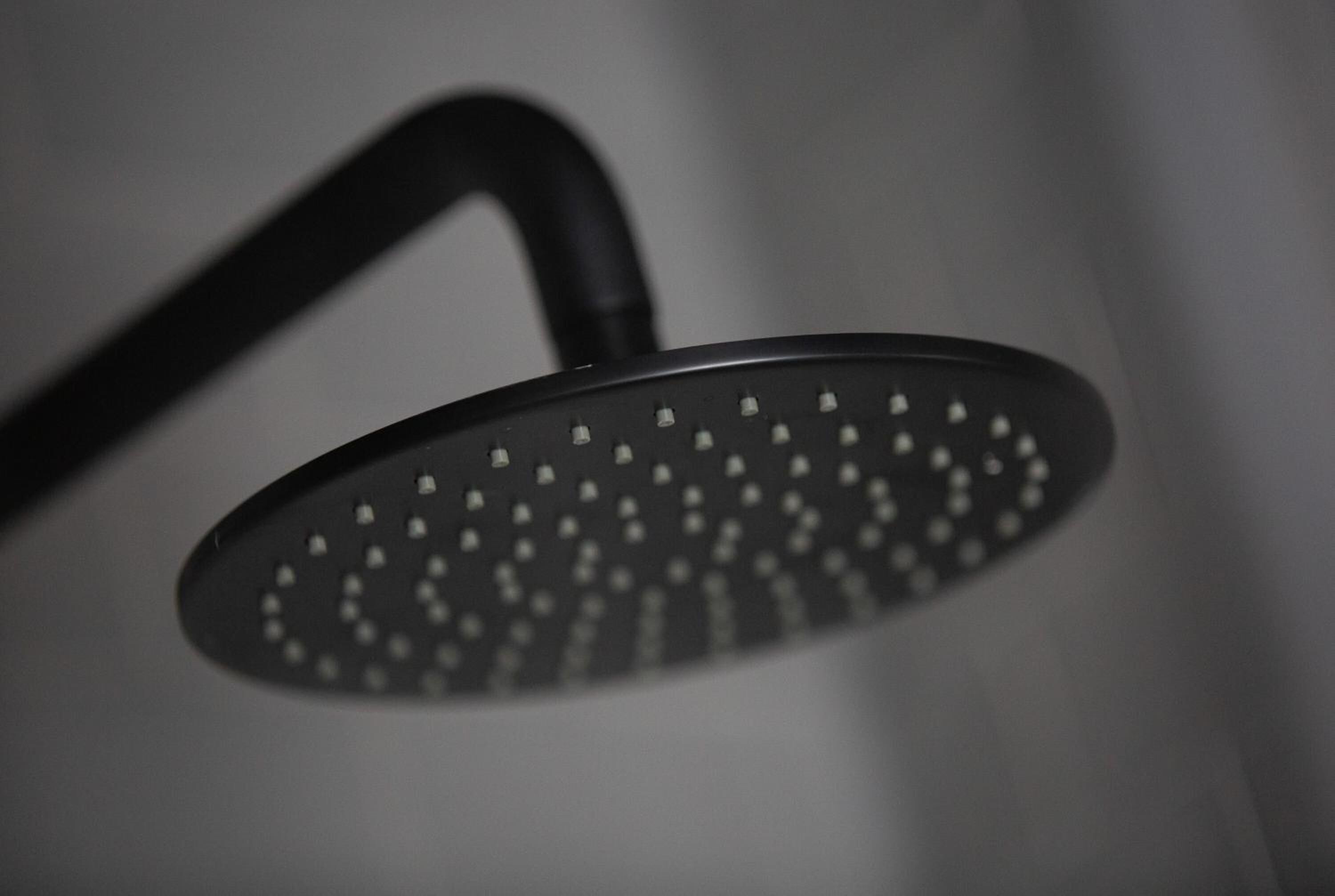 A close-up of a showerhead with a curved design and multiple small holes.