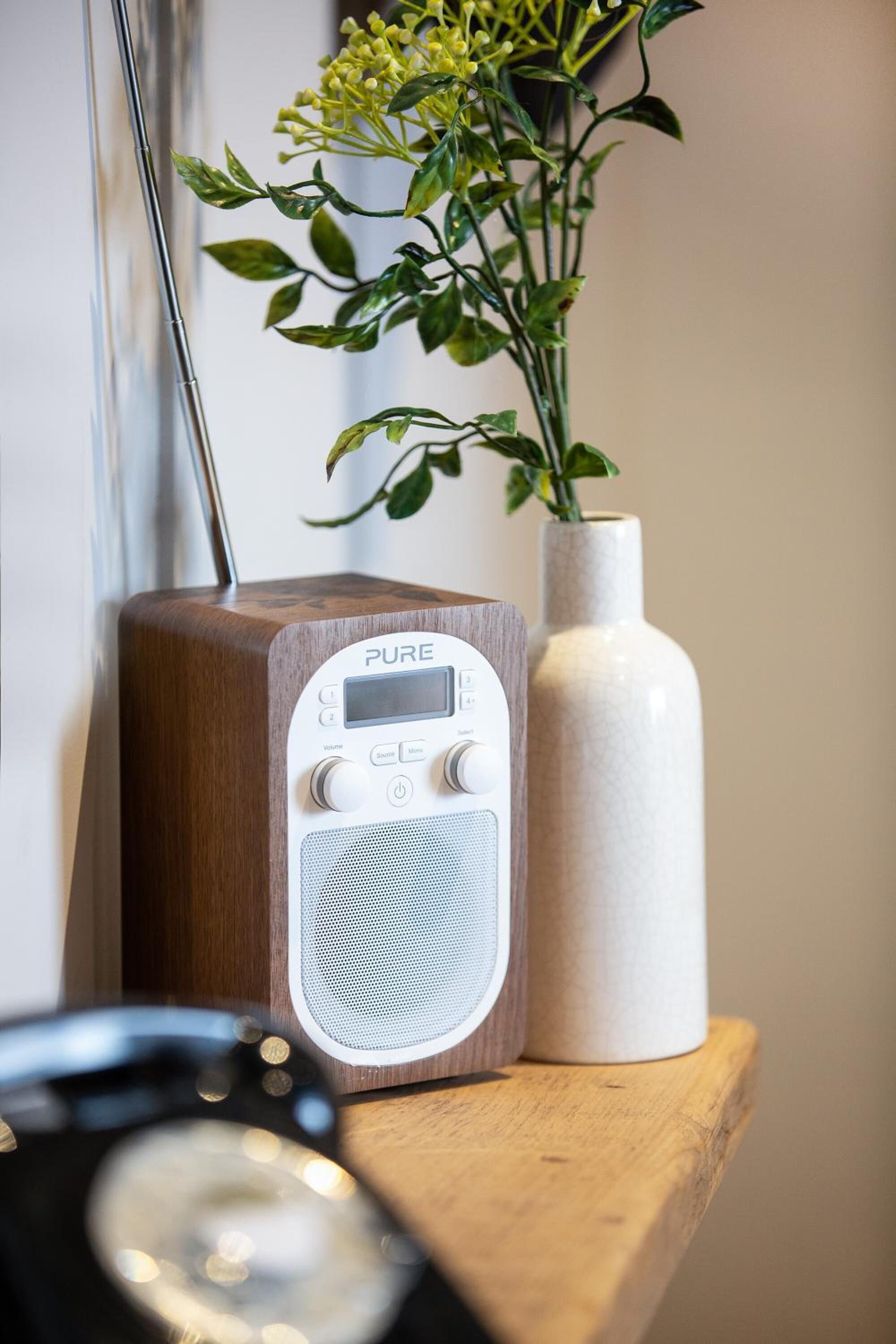 A wooden radio with a digital display and control buttons, placed on a wooden shelf next to a vase with a plant.