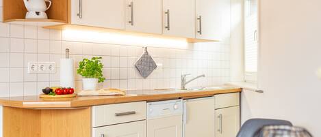 Fridge, stovetop, dishwasher, coffee/tea maker