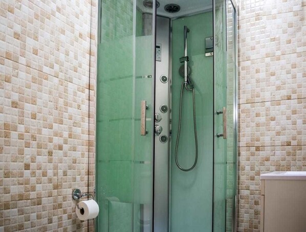 A glass-enclosed shower stall with a green door, a handheld showerhead, and a toilet paper holder on the wall. - Hostal Poseidón (San Bartolomé de Tirajana)