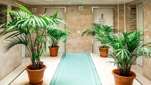 A hallway with a central water feature, flanked by potted plants and doors with signage. - Hostal Poseidón (San Bartolomé de Tirajana)