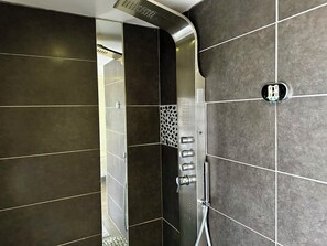 Bathtub, hair dryer, towels, toilet paper