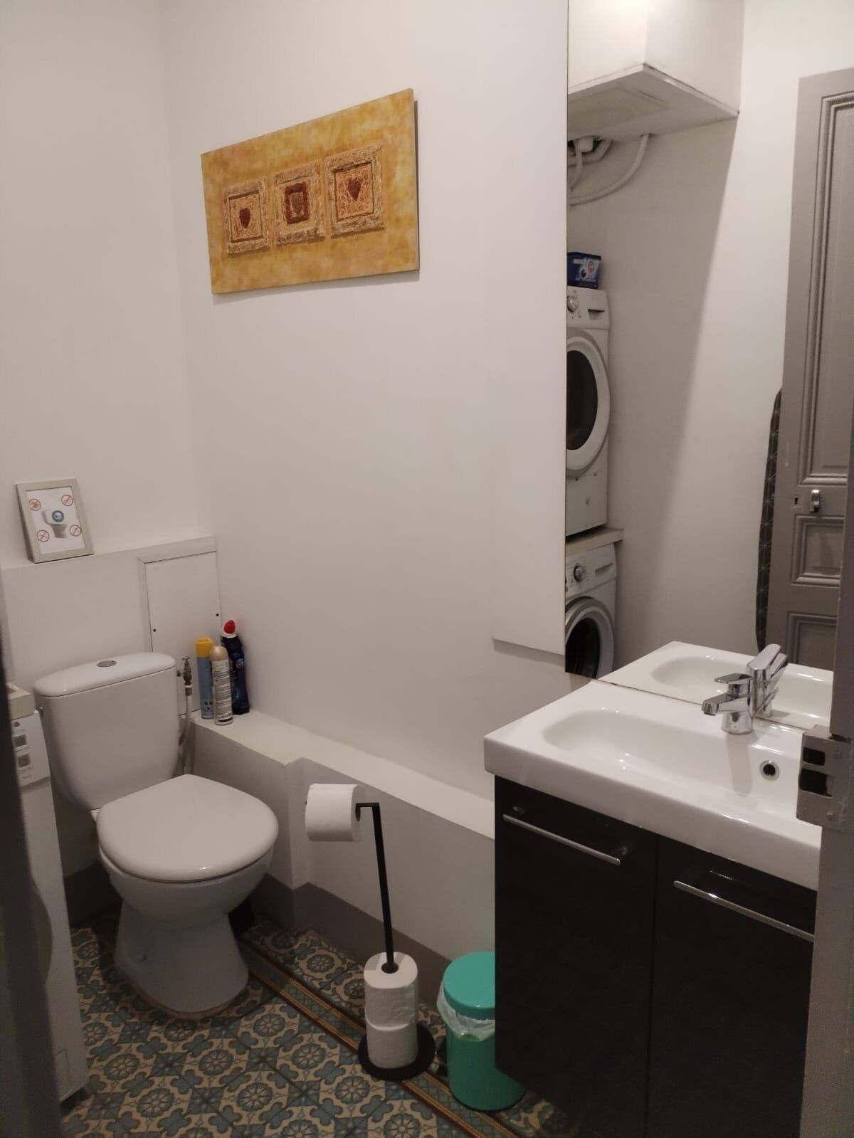 Un bagno piccolo ma funzionale, con il water, un lavabo e una lavatrice.
